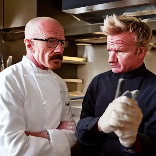 Image similar to walter white in a stareoff with gordon ramsay, high quality image