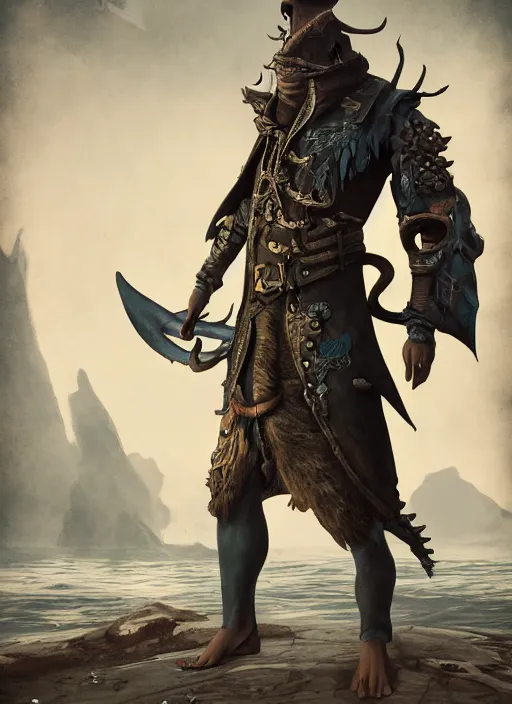 Image similar to detailed full body concept art illustration matte painting of an anthropomorphic shark pirate in full intricate clothing, ultra detailed, digital art, octane render, 4K, dystopian, micro details