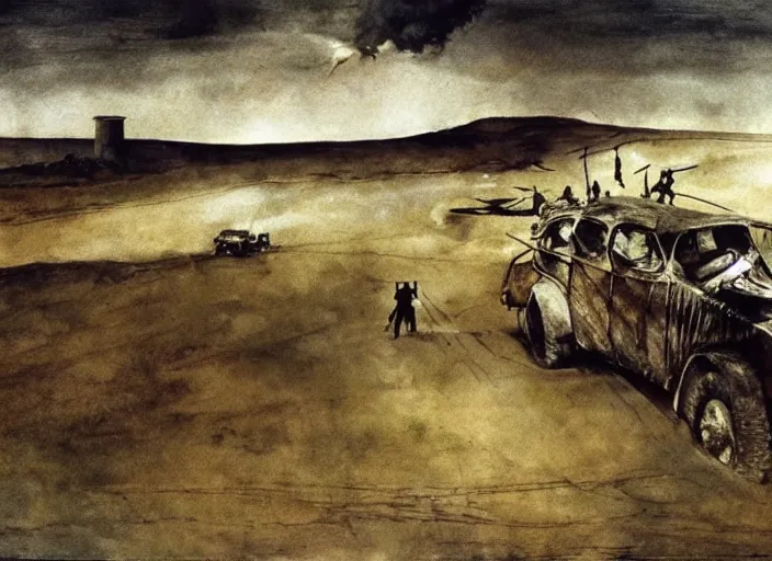 Image similar to mad max fury road, painting by andrew wyeth, very detailed, somber mood,