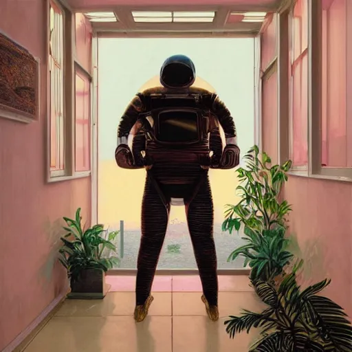 Image similar to indoor liminal space, astronaut, golden light, greg rutkowski, palm trees, pink door, minimalistic, hyperrealistic surrealism, award winning masterpiece with incredible details, epic stunning, infinity pool mirrors, a surreal vaporwave liminal space with mirrors, highly detailed, trending on artstation, artgerm and greg rutkowski and alphonse mucha, daily deviation