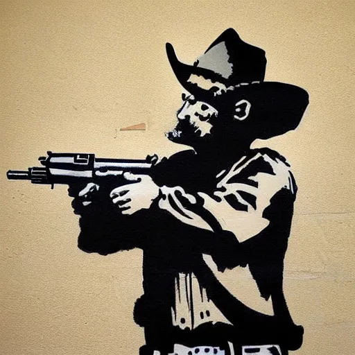 Image similar to heavily armed cowboy, drawn by banksy