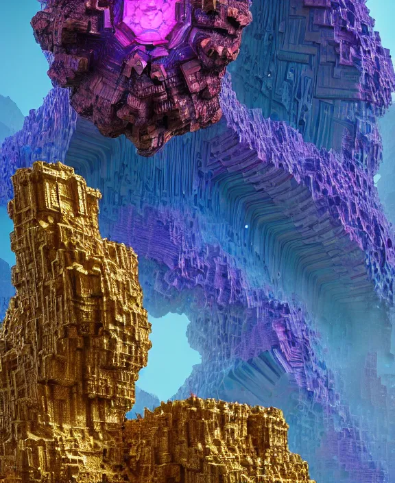 Image similar to giant fractal bismuth golem consists of bismuth geodes, fractalization, extremely high details, masterpiece, photorealistic, hyperrealism, vray, octane render, volumetric lighting, depth of field, bokeh, artstation, cgsociety by johannen voss, michael whelan, greg broadmore, frank frazetta