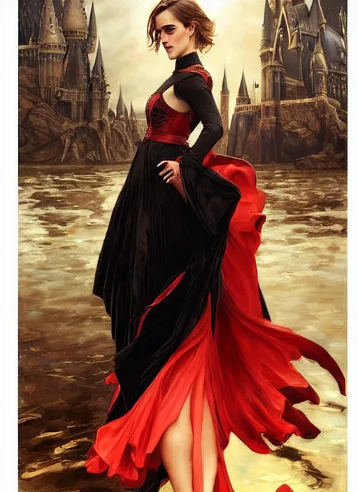 Prompt: oil painting of emma watson giving seductive look wearing black, red and gold robes. hogwarts in background beautiful detailed face. by artgerm and greg rutkowski and alphonse mucha