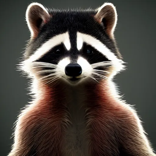 Image similar to a portrait of a devious racoon, cinematic lighting, 8k, 3d rendered in octane, trending on cgsociety,