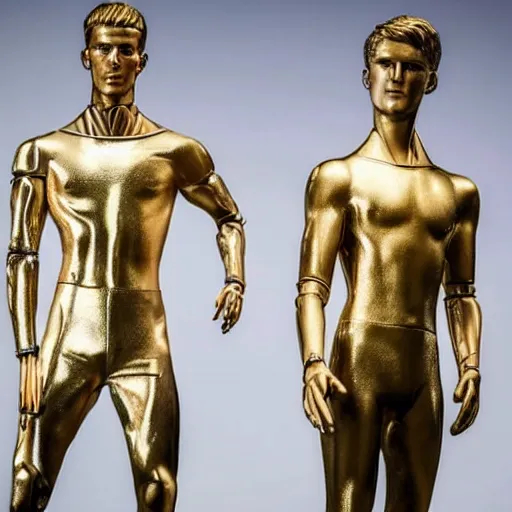 Image similar to a realistic detailed photo of a guy who is an attractive humanoid who is half robot and half humanoid, who is a male android, soccer players martin ødegaard & timo werner, shiny skin, posing like a statue, blank stare, in a museum, on display, showing off his muscles, gold soccer shorts, no jersey, several of them lined up, statue