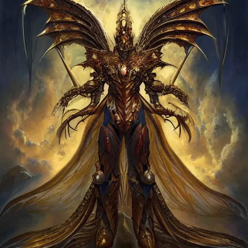 Image similar to a beautiful symmetrical muscular full body wearing a dragon armor with wings made of golden ornaments and gems, by alex gray and android jones , Karol Bak, Ayami Kojima, Amano , concept art, character design, fantasy,3D, 8k resolution