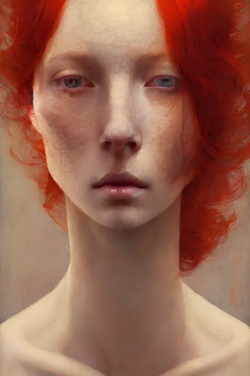 Image similar to of beautiful redhead female, beauty portrait by greg rutkowski, hilma af klint, moebius, victo ngai, sharp focus, global illumination, highly detailed, masterpiece, award winning, post processing