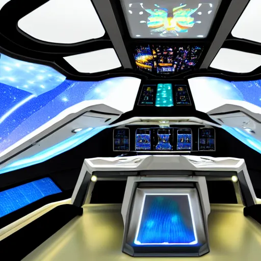 Prompt: spaceship bridge with a large open cockpit and holographic displays