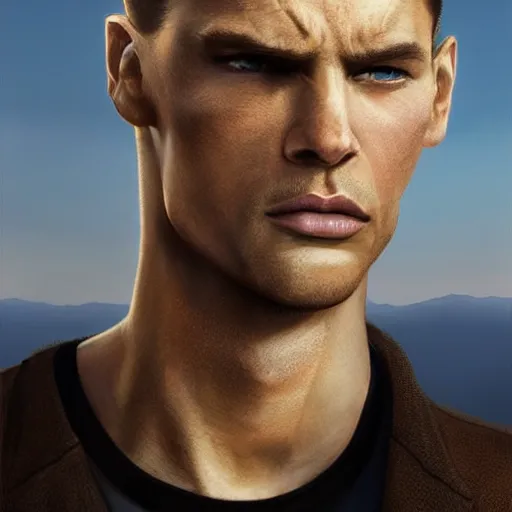 Prompt: a tall, lean man with light tan skin, blue eyes, and shoulder - length, slicked - back blonde hair combed down to the nape of his neck, long face with sunken cheeks and a well defined jawline, three vertical scars over his left eye, dressed casually, art by greg rutkowski and artgerma