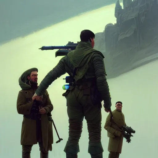 Image similar to adam driver and john oliver, standing together, stoic, full body, military uniform, battle, war, cinematic lighting by darek zabrocki and greg ruthkowski, alphonse mucha, simon stalenhag and cinematic and blue cold atmospheric, concept art, artstation, trending on artstation - w 8 3 2