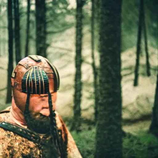 Image similar to close up kodak portra 4 0 0 photograph of a roman legimeer after the battle standing in dark forest, moody lighting, telephoto, 9 0 s vibe, blurry background, vaporwave colors, faded