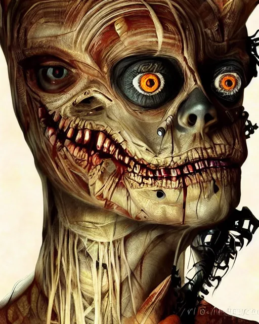 Image similar to halloween mummy theme surrealist art in the styles of igor morski, jim warren, and a tim burton film, intricate, hyperrealistic, accurate facial details, profile picture with chromakey background, volumetric lighting