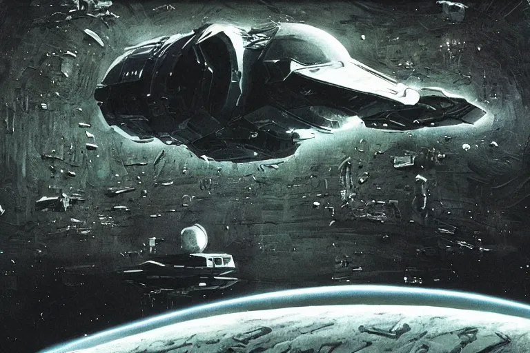 Image similar to an black alien spaceship taking off from the moon, earth in the background, cinematic, shadows, 4 k, detailed, by john berkey!!!!!! and peter jackson and ridley scott and beeple!!! and greg rutowski