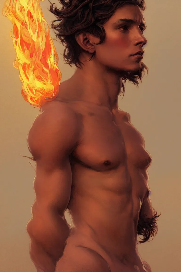 Image similar to portrait of a beautiful young fit male spirit with fire hairs and coal skin, luminous, by greg rutkowski and alphonse mucha, d & d character, gradient red to yellow, in front of a desert background, highly detailed portrait, digital painting, artstation, concept art, smooth, sharp focus ilustration, artstation hq