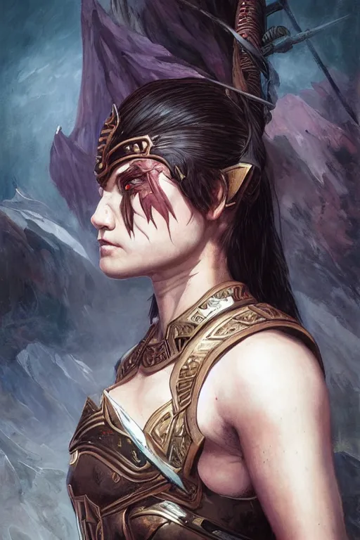 Image similar to a portrait of a strong female warrior by Ross Tran and Thomas Cole and Wayne Barlowe