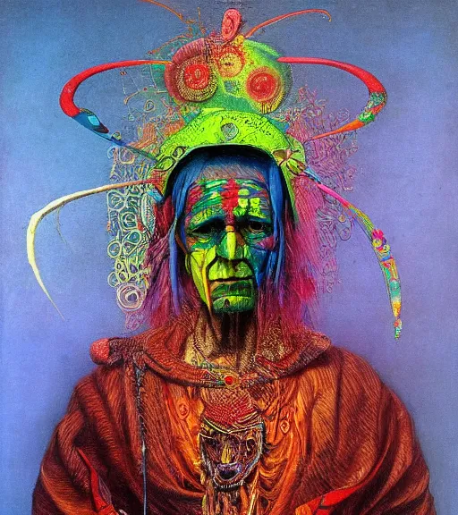 Image similar to Portrait painting in a style of Beksinski mixed with Alex Grey of an old shaman dressed in a colorful traditional clothes. Very psychodelic