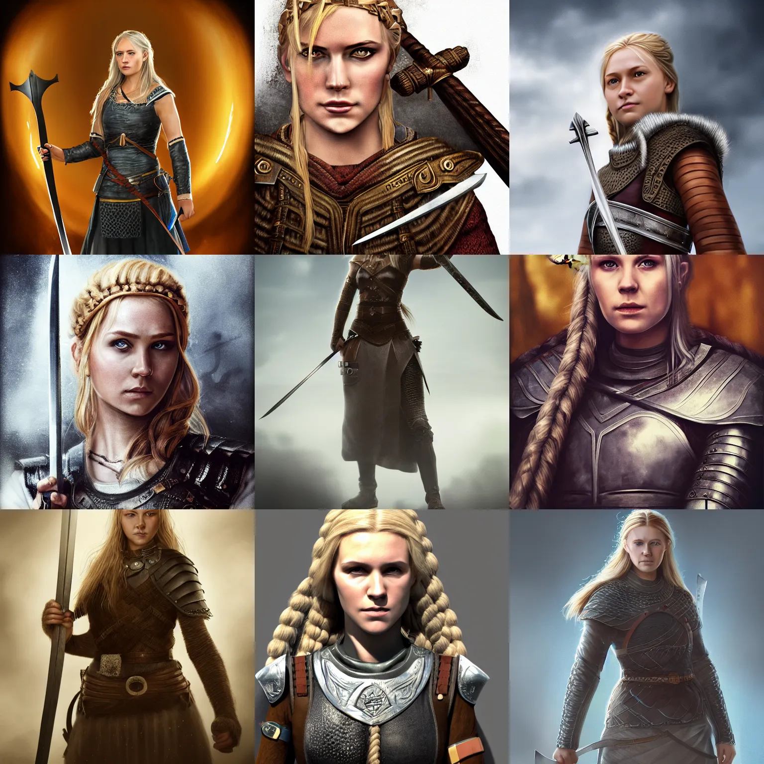 Prompt: High quality portrait of a Norse shieldmaiden, holding a sword, 4k, award winning, trending on ArtStation