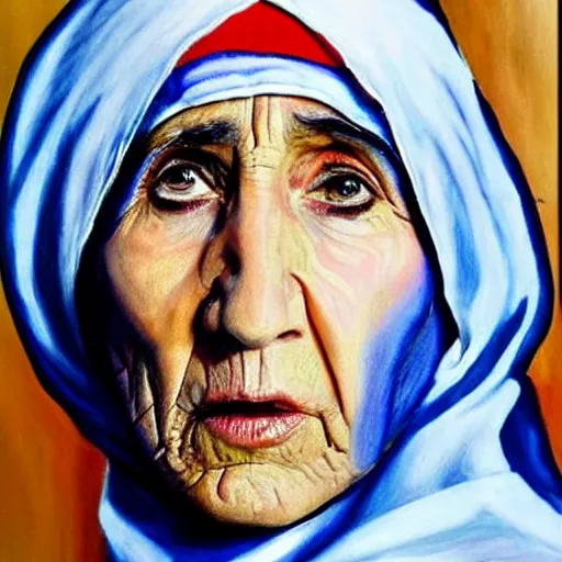 Image similar to nic cage as mother teresa, buff, painted portrait, highly detailed,