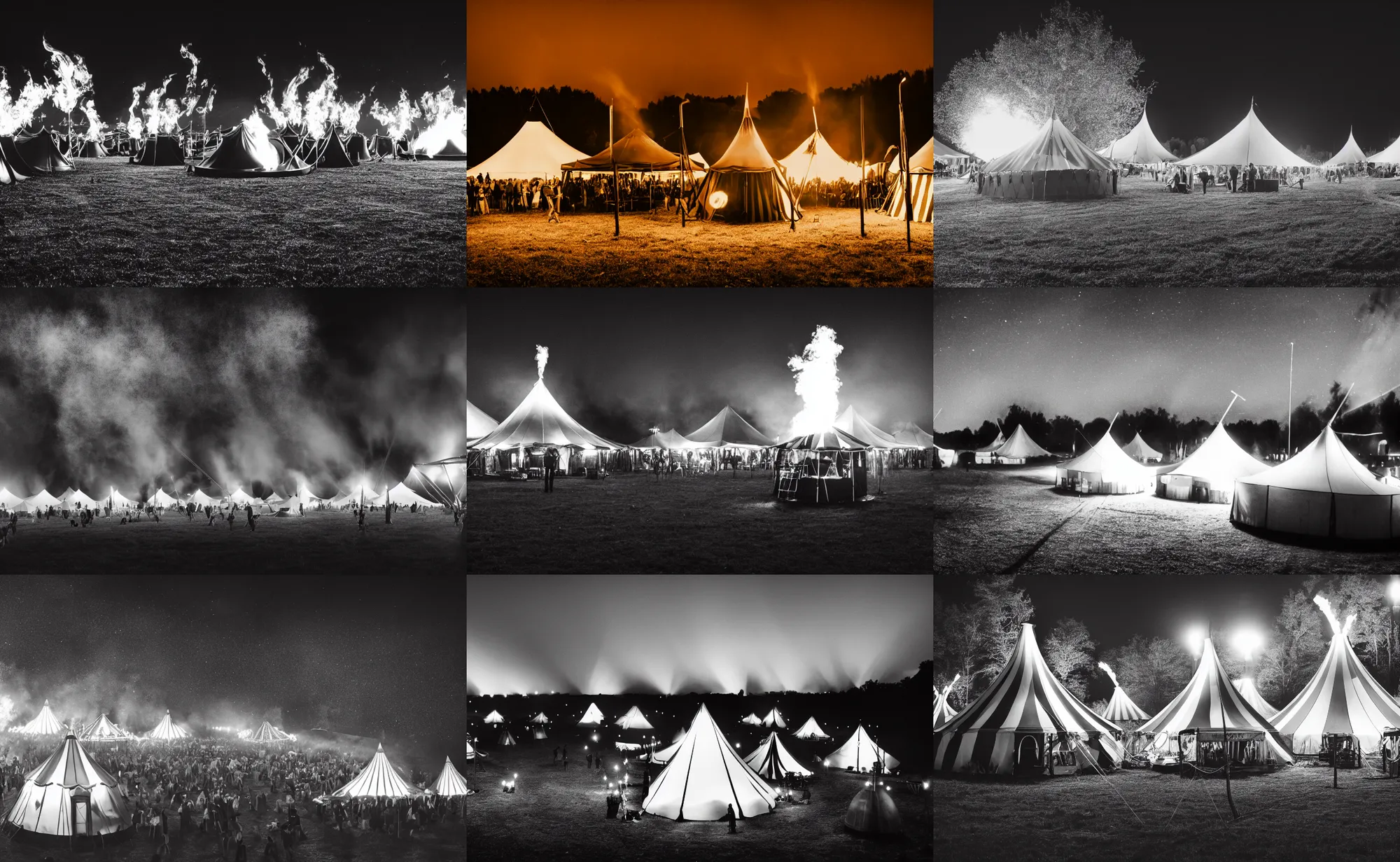 Prompt: cinematic wide shot of a magical circus in a field at night with large black and white tents and a large cauldron with a white flame, 4 k