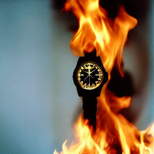 Image similar to a gold rolex engulfed in flames, film photo