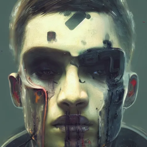 Prompt: close-up, symmetrical!, portrait of a young man, bruised and scarred! cyberpunk, techwear! by Greg Rutkowski, matte painting, trending on artstation