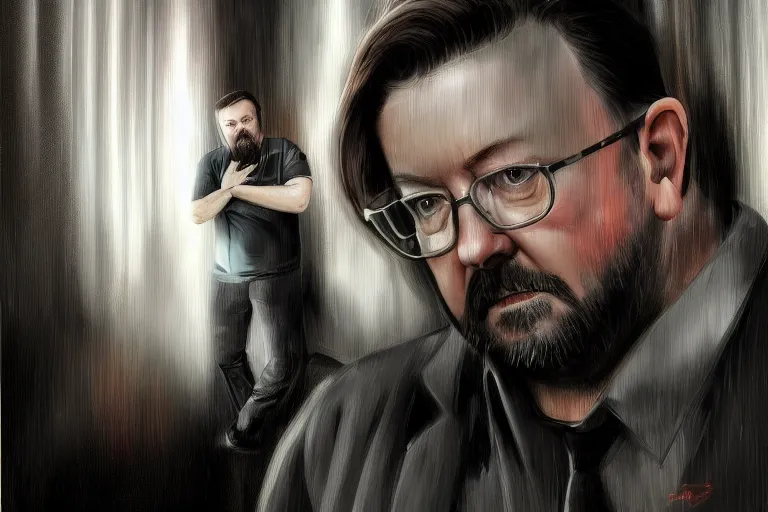 Prompt: full length portrait of ricky gervais as a cyberpunk wizard, dramatic lighting, depth, high detail, digital art, painted by marguerite anderson
