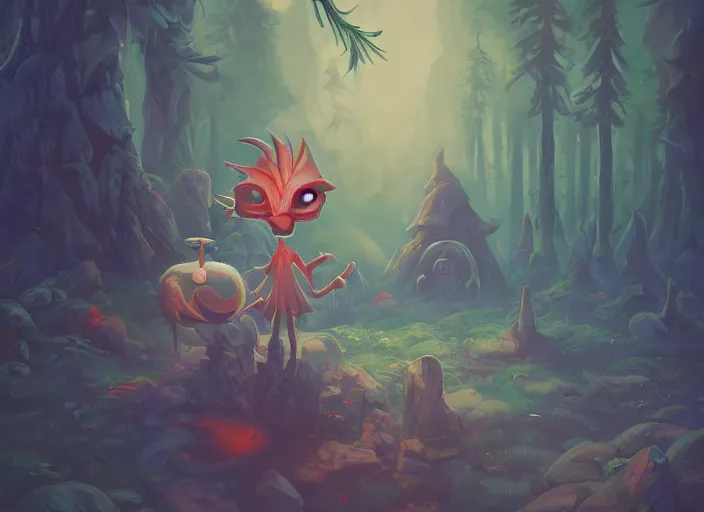 Prompt: a cartoonish cute anthropomorphic hellish alien is near a house made of only straws in a mystical forest full of wonders, pine trees, magical atmosphere, trending on artstation, 30mm, by Noah Bradley trending on ArtStation, deviantart, high detail, stylized portrait H 704