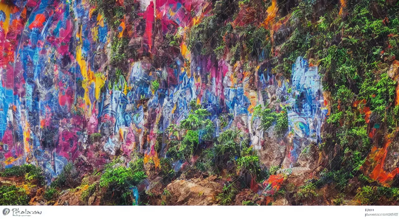 Image similar to fabric colored wall fortress greeble illusion landscape jungle dirt a spectacular view cinematic graffity style