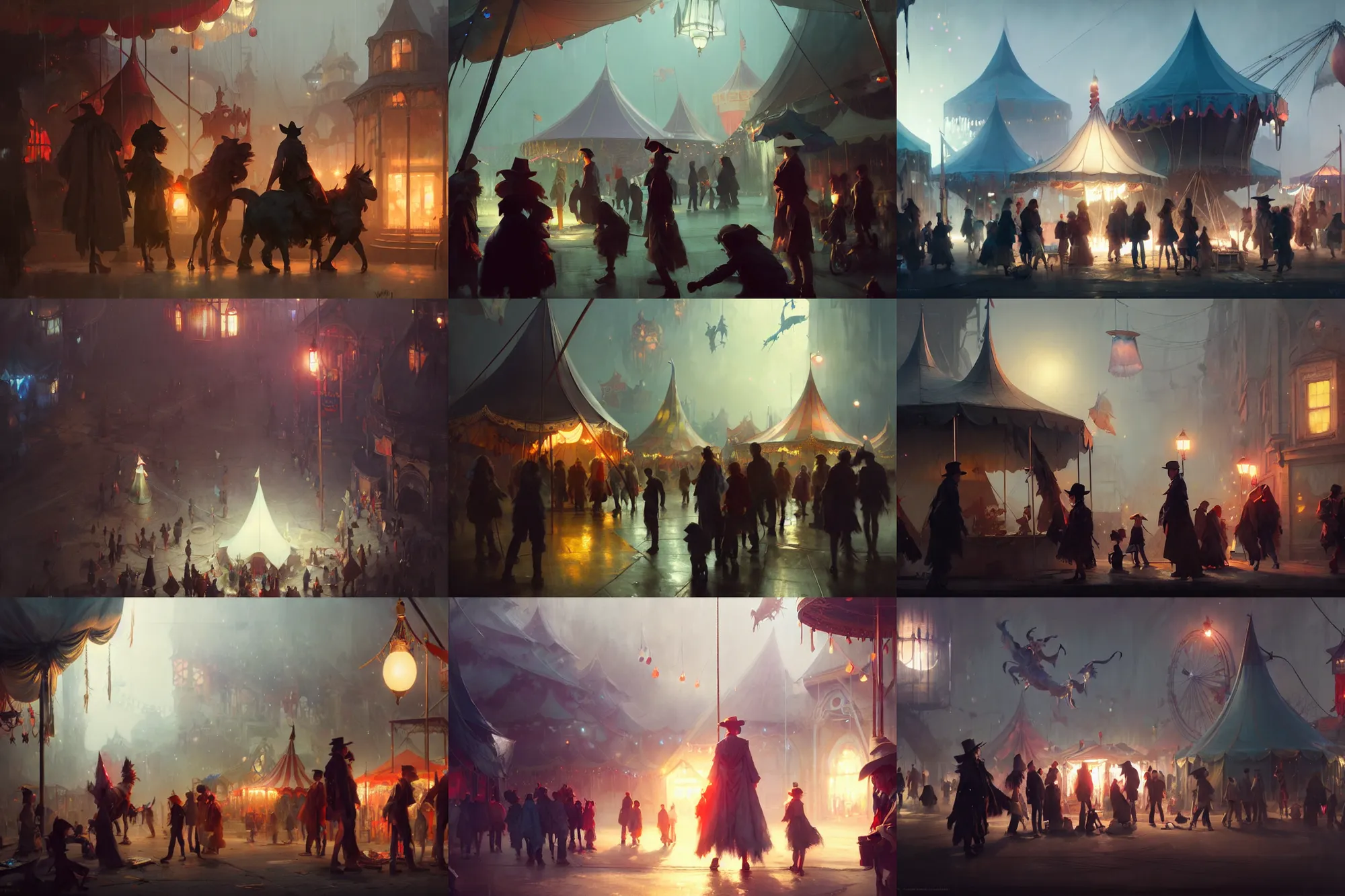 Prompt: close up group of friends exploring the witchlight carnival, small town exterior outside, big top circus tent, highly detailed, digital painting, concept art, matte, art by ruan jia and wlop and greg rutkowski and makoto shinkai, masterpiece