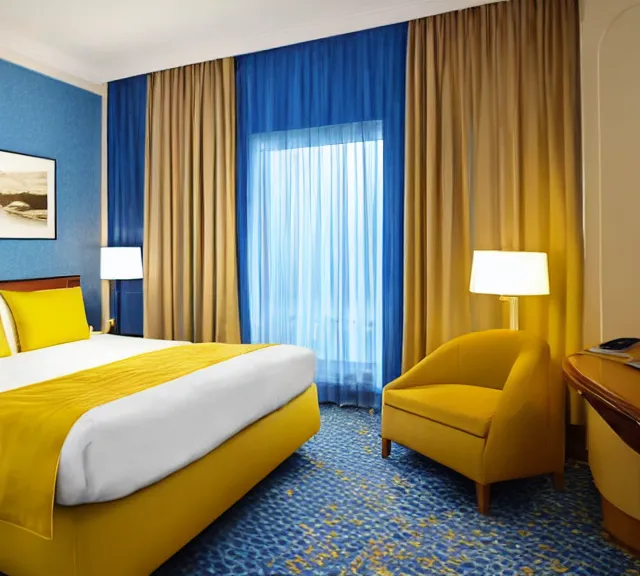 Image similar to a 4 k photorealistic photo hotel room picture of a luxury blue and yellow hotel room suite