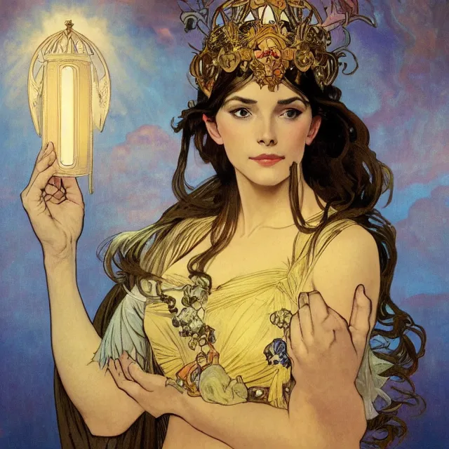 Image similar to an aesthetic! a detailed portrait of a vailed woman, with a crown, holding a lantern with mountains of gold in the background, by frank frazetta and alphonse mucha, oil on canvas, art nouveau dungeons and dragons fantasy art, hd, god rays, ray tracing, crisp contour lines, huhd