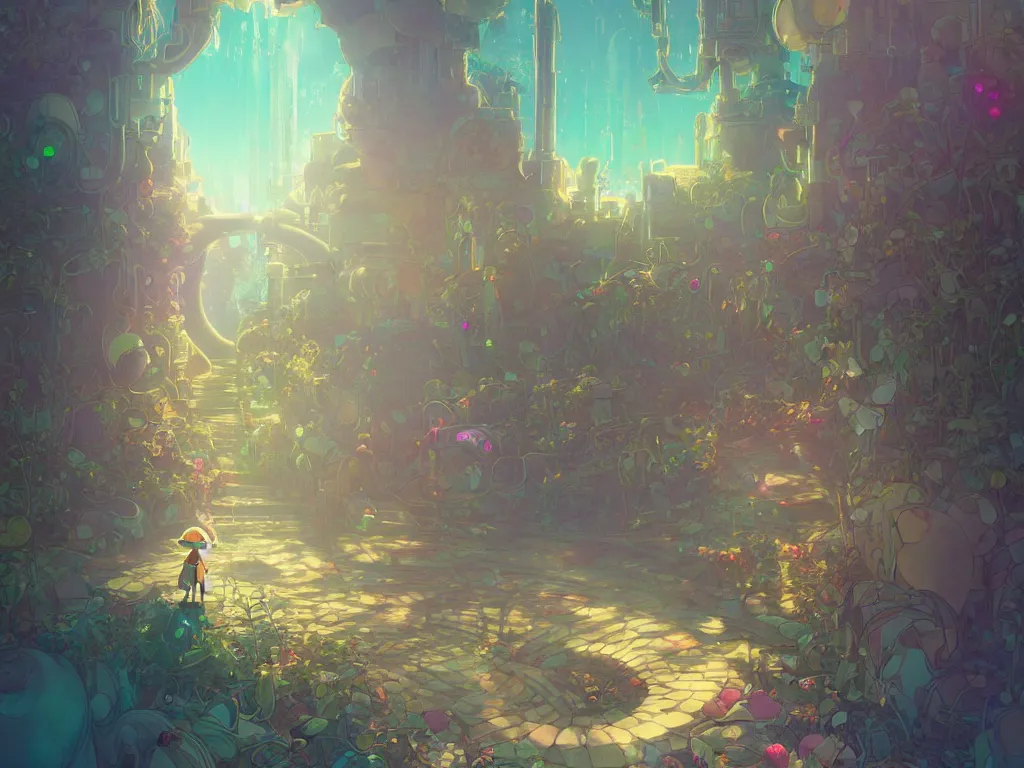 Image similar to a dreamy otherworldly 3 d render of anthropomorphic cyborg rodent on pathway to castle, studio ghibli, pixar and disney exploded - view drawing, sharp, disney octane render splatter paint vray by shinji kimura and alphonse mucha and alena aenami, maximalist pastel color palette, ( ( bloom ) ), dramatic lighting