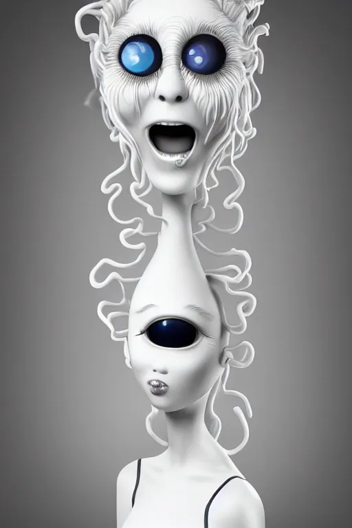 Image similar to 3 d full head and shoulders beautiful white porcelain woman with white big eyeballs all through her hair, realistic hair, 3 d swirling hair by theodor seuss geisel and daniel arsham and kim jung gi, on a white background