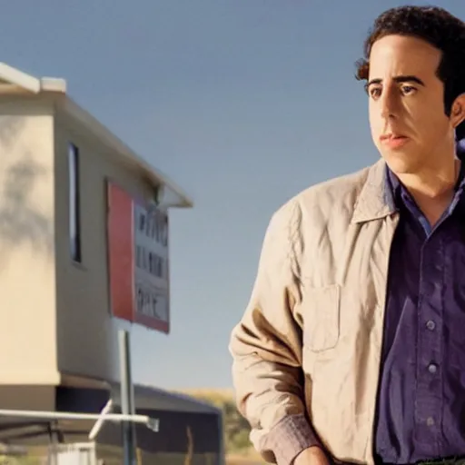 Image similar to Live Action Still of Young Jerry Seinfeld in Breaking Bad, real life, hyperrealistic, ultra realistic, realistic, highly detailed, detailed, very detailed, cool, ultra detailed, very realistic, trending on artstation, epic, HD quality, 8k resolution, body and headshot, film still, real, detailed face, very detailed face, real life