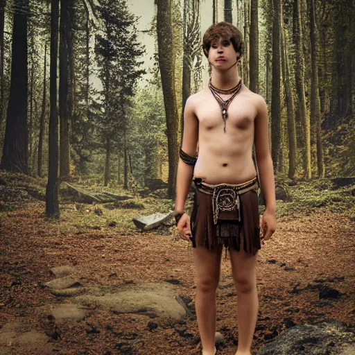 Image similar to a teenage boy, around 1 6 yo. iron necklace and sandals. natural brown hair. loincloth, pale skin. detailed face. ominous and eerie looking forest in background. natural colors. hyperrealistic photo.