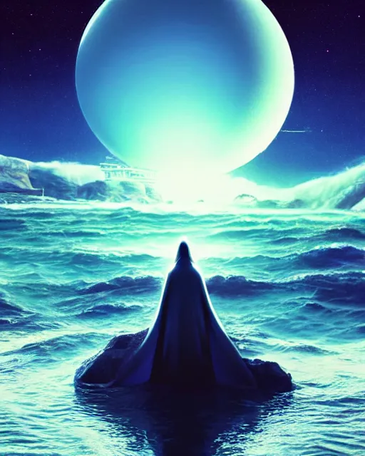 Image similar to a person wearing a white cloak standing in the water. a large planet is overhead. an album cover by stanley twardowicz, trending on cg society, retrofuturism, retrowave, chillwave, synthwave