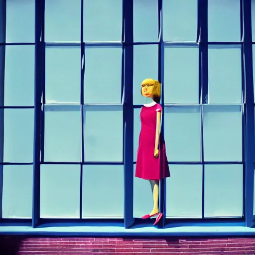Prompt: giant flower head, girl standing by 1 9 6 0 window, surreal photography, symmetry, mid century, flat perspective, bright colours, blue sky, realistic, wes anderson