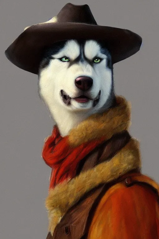 Prompt: a portrait painting of a husky in cowboy costume, wearing a cowboy hat, by rembrandt, [ red dead ], humanoid, personify, anthropomorphic, trending on artstation