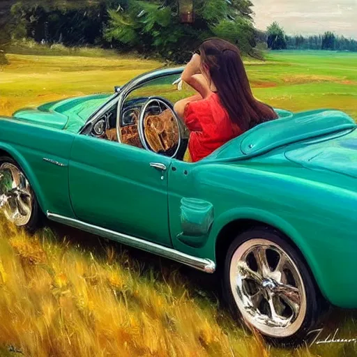 Image similar to blonde driving 1 9 5 0 ford mustang, swedish countryside, freedom, scenic, beautiful, painting by vladimir volegov