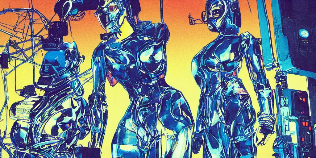 Prompt: a close - up grainy risograph painting of cyberpunk japanese mecha wearing latex catsuit and lots of transparent and cellophane accessories, blue hour, twilight, by moebius and lehr paul