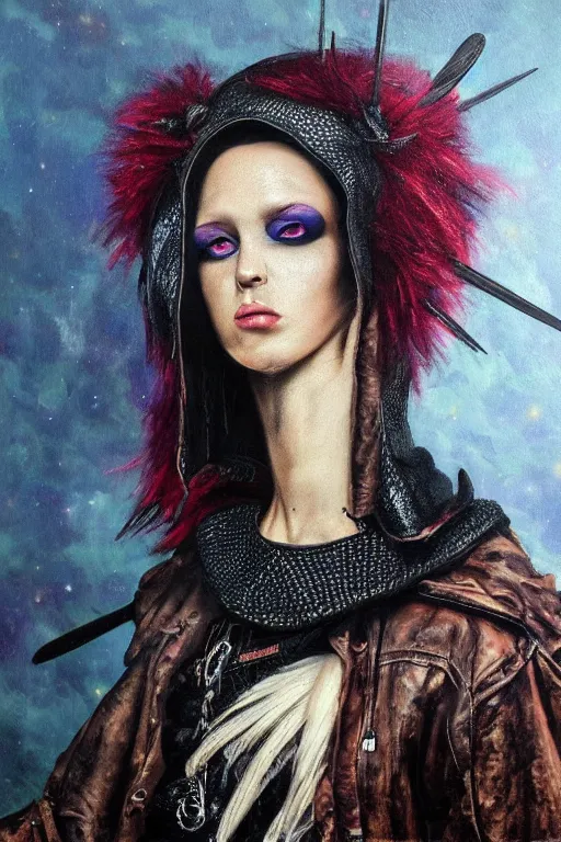 Image similar to hyperrealism oil painting, close - up portrait of punk gothic medieval brunette fashion model, knight, steel gradient mixed with nebula sky, in style of baroque