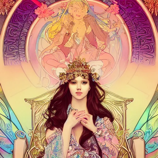 Prompt: A beautiful ice princess sitting on her throne, very colourful, highly detailed, artstation, intricate, smooth, sharp focus, bright, happy, illustration, art by Artgerm and Greg Rutkowski and Alphonse Mucha and Yuumei, good clear quality, lighting, biology, symmetrical artwork, perfect face, 135 mm, cinematic, hyper realism, glittering ice, dark, moonlight, high detail, octane render, 8k, crimson highlights