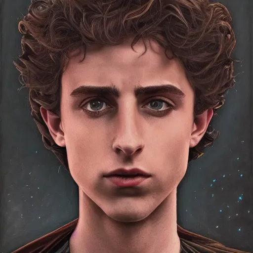 Image similar to realistic paul atreides emperor of the known universe, perfect dramatic and dark portrait by rabbitary b, trending on artstation, deviantart, dune, low angle oil painting and composition laws, dark foggy background, timothee chalamet, denis villeneuve cinematography