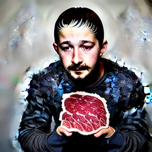 Image similar to uhd shia labeouf made entirely out of pieces of beef. photo by annie leibowitz