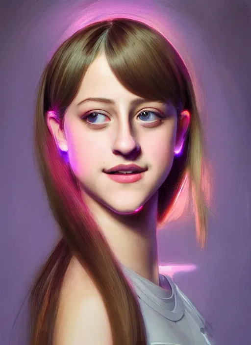 Image similar to portrait of teenage lili reinhart with bangs, smiling kindly, bangs, 1 9 6 0 s, ponytail, bangs and ponytail, intricate, elegant, glowing lights, highly detailed, digital painting, artstation, concept art, smooth, sharp focus, illustration, art by wlop, mars ravelo and greg rutkowski