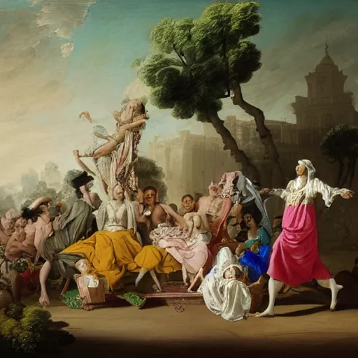 Image similar to saudi arabia in the style and the language of Rococo, reimagining the dynamism of works by eighteenth-century artists such as Giovanni Battista Tiepolo, François Boucher, Nicolas Lancret and Jean-Antoine Watteau through a filter of contemporary cultural references including film, food and consumerism