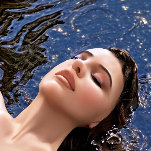 Prompt: eye - level view of a beautiful woman, laying on the ground, hands peacefully resting under her chin, water reflection!!!!!, water mirrored water, reflection echo, 4 k, detailed facial features!!!!!, artstation photorealism, photorealism