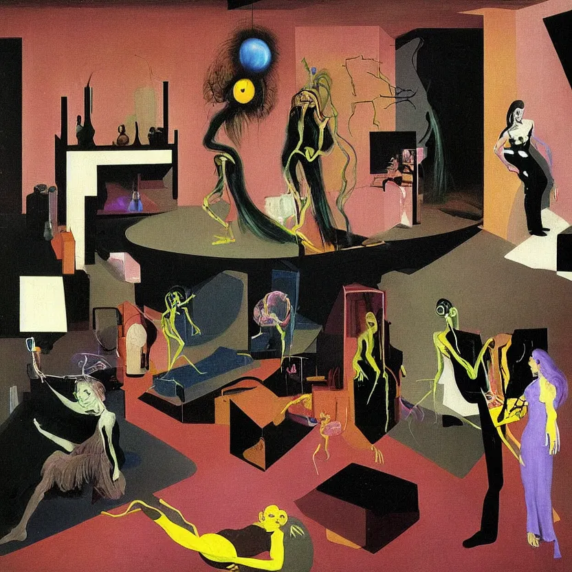 Prompt: Man and woman start to bounce in a living room of a house, floating dark energy surrounds the middle of the room. There is one living room plant to the side of the room, surrounded by a background of dark cyber mystic alchemical transmutation heavenless realm, cover artwork by francis bacon and Jenny seville and victor brauner, part by adrian ghenie, part by jeffrey smith, part by josan gonzales, part by norman rockwell, part by phil hale, part by kim dorland, artstation, highly detailed