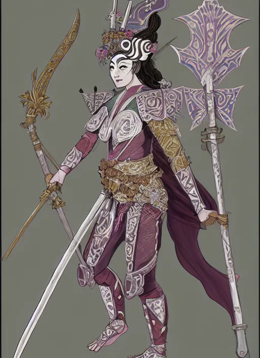 Prompt: full body portrait, female changeling spearman in floral - patterned light armor, wielding a long halberd, wearing a noh theatre mask, dancer, barefoot in sandals, capricious, energetic, provocative, realistic proportions, reasonable fantasy, in the style of dnd illustrations, tabletop rpg.