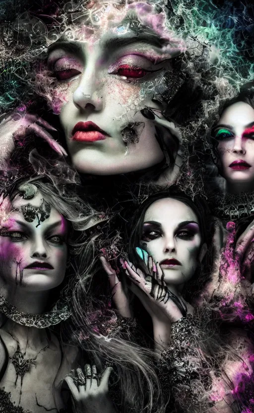 Prompt: three stunning otherworldly gothic goddesses of beauty wearing psychedelic wicca, dark and mysterious, atmospheric, ominous, eerie, cinematic, epic, 8 k, 4 k, ultra detail, ultra realistic, rendered by awesomeness